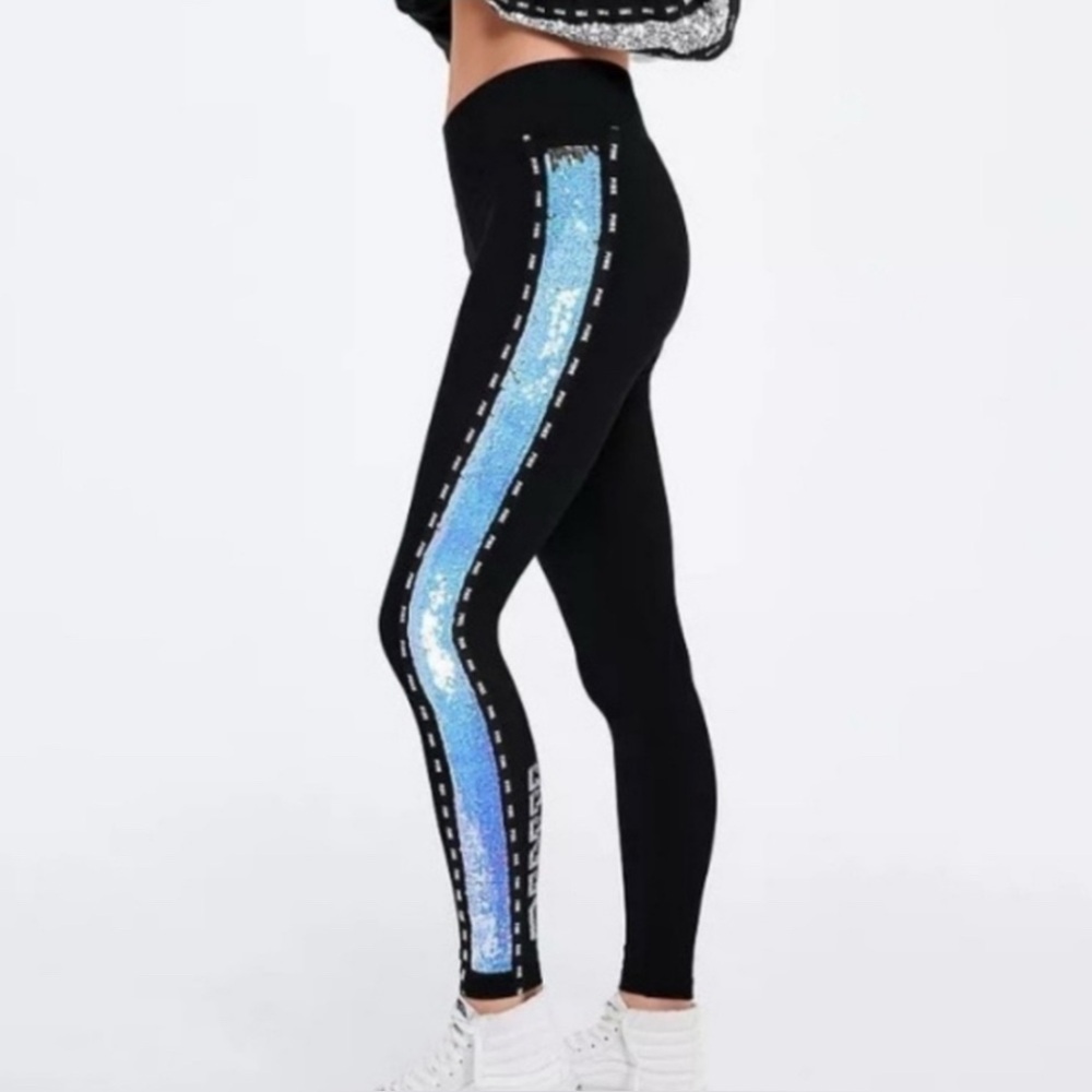 RARE PINK Victoria's Secret Black Leggings with Blue Sequin Side Stripe